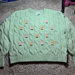 WILLOW &Wind Light Green Cable Knit Sweater with Floral Accents